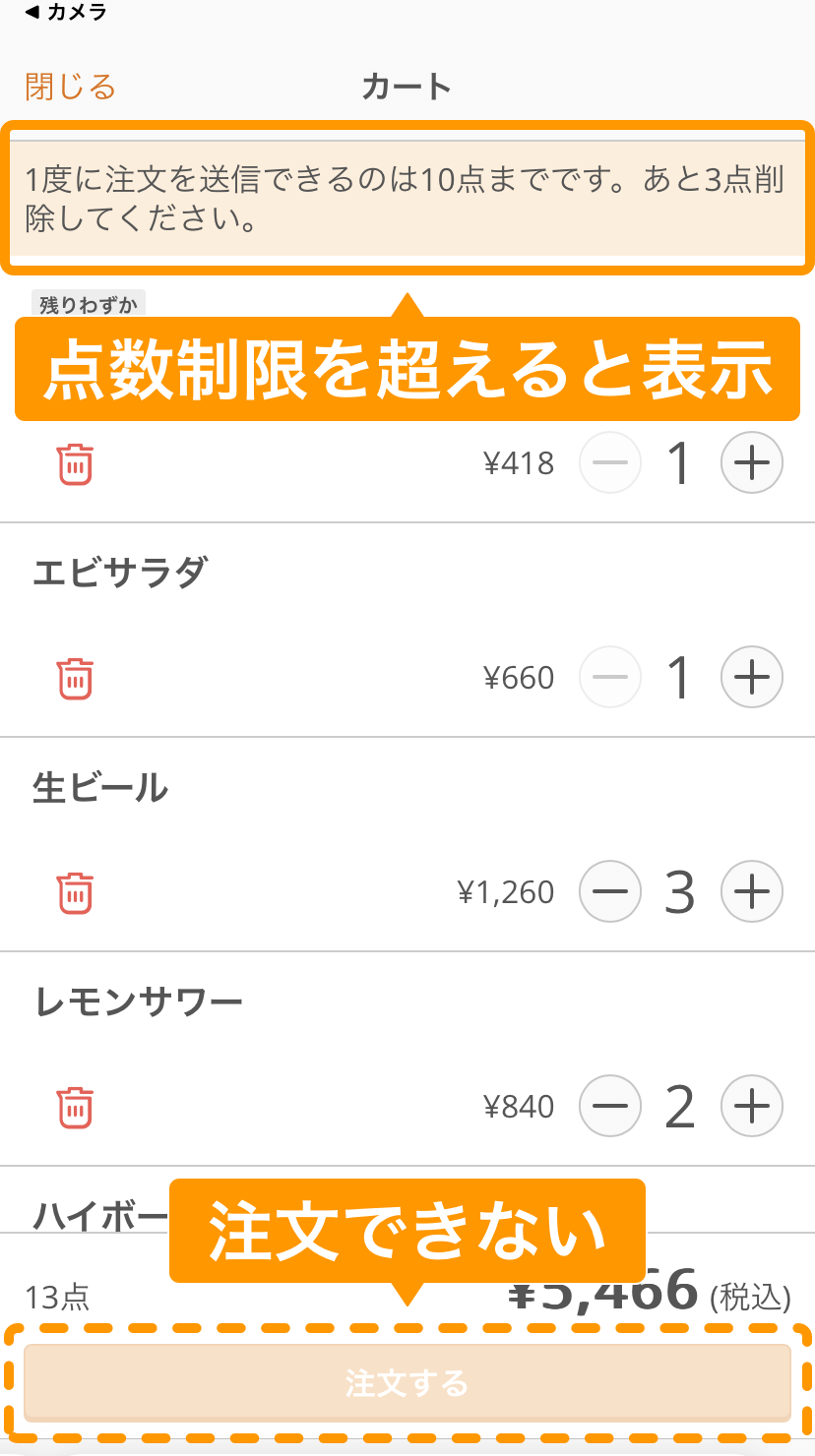 02 セルフオーダー 1度に注文できるのはXX点までです。あとXX点削除してください。