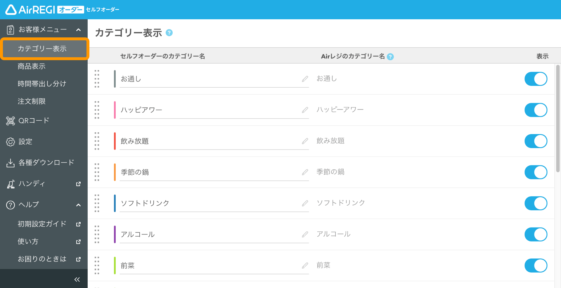 06 セルフオーダー 管理画面 カテゴリー表示画面