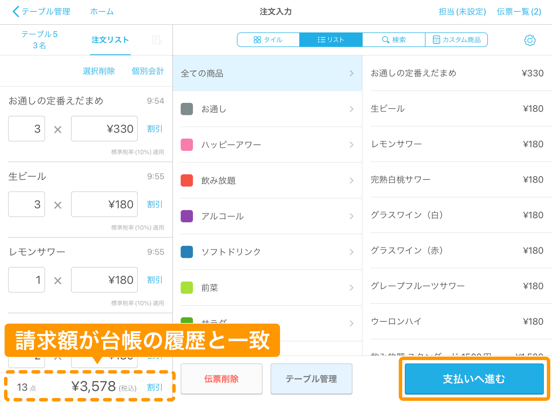 13 Airレジ 注文入力画面 請求額が台帳の履歴と一致