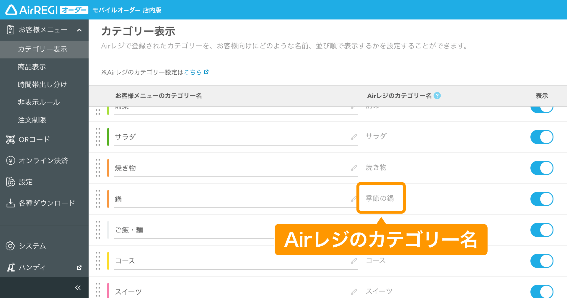04 モバイルオーダー 店内版 管理画面 カテゴリー表示画面