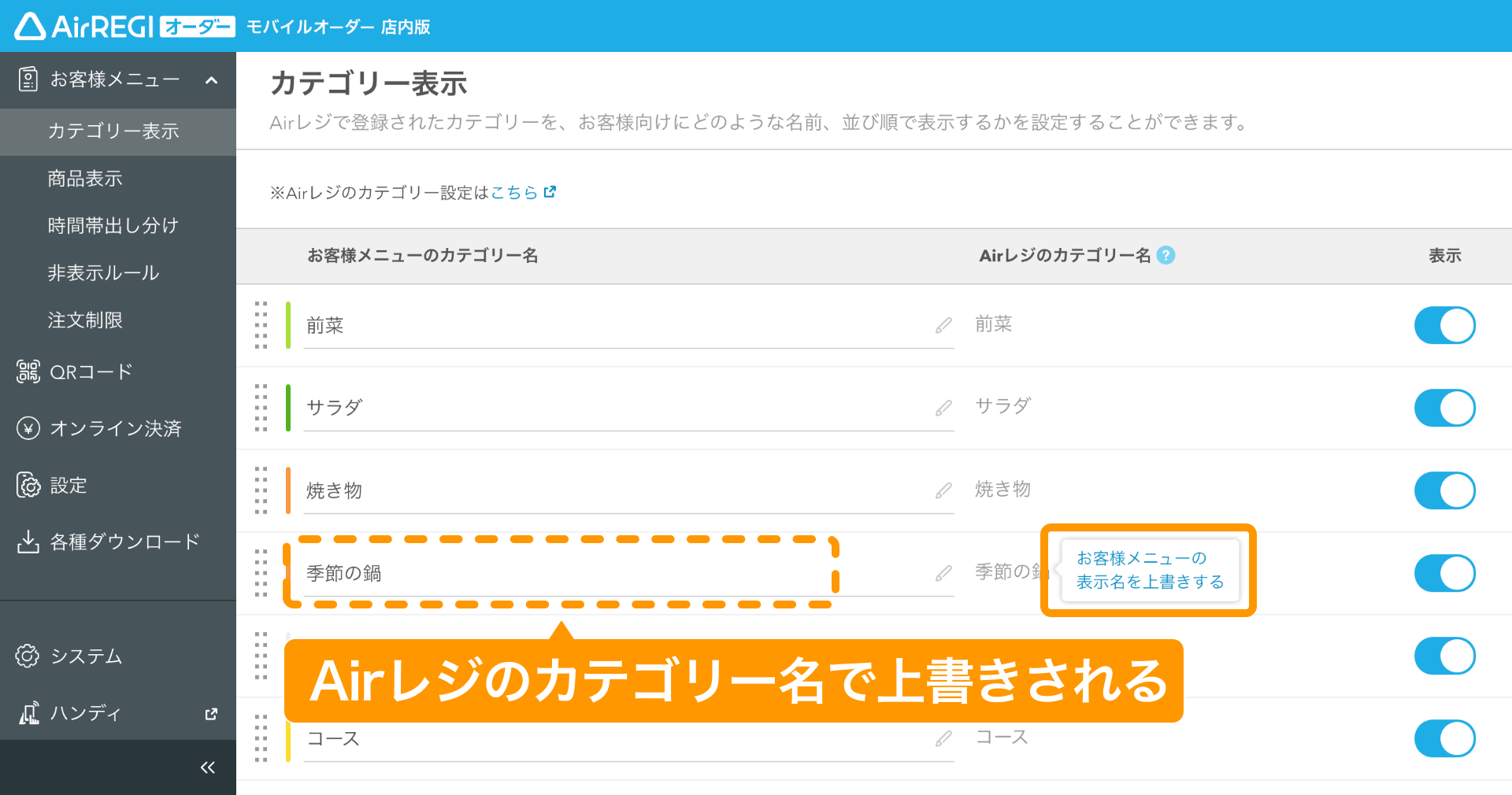 05 モバイルオーダー 店内版 管理画面 カテゴリー表示画面 Airレジのカテゴリー名で上書きされる