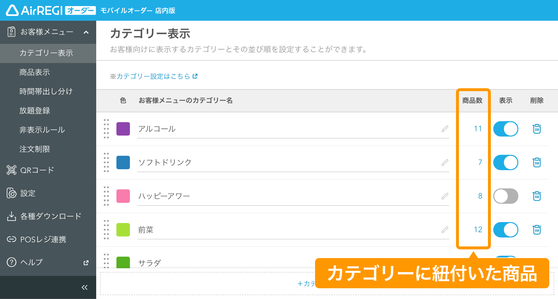 02 モバイルオーダー 店内版 管理画面 カテゴリー表示画面