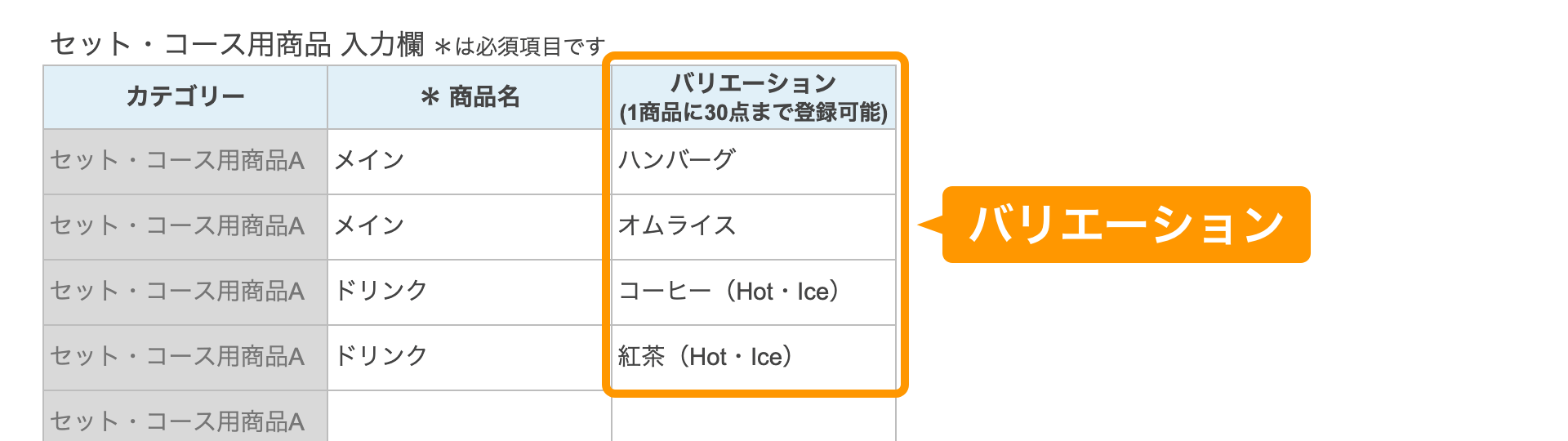 03 Airレジ オーダー 一括登録用スプレッドシート Step4-2 セットコース用商品