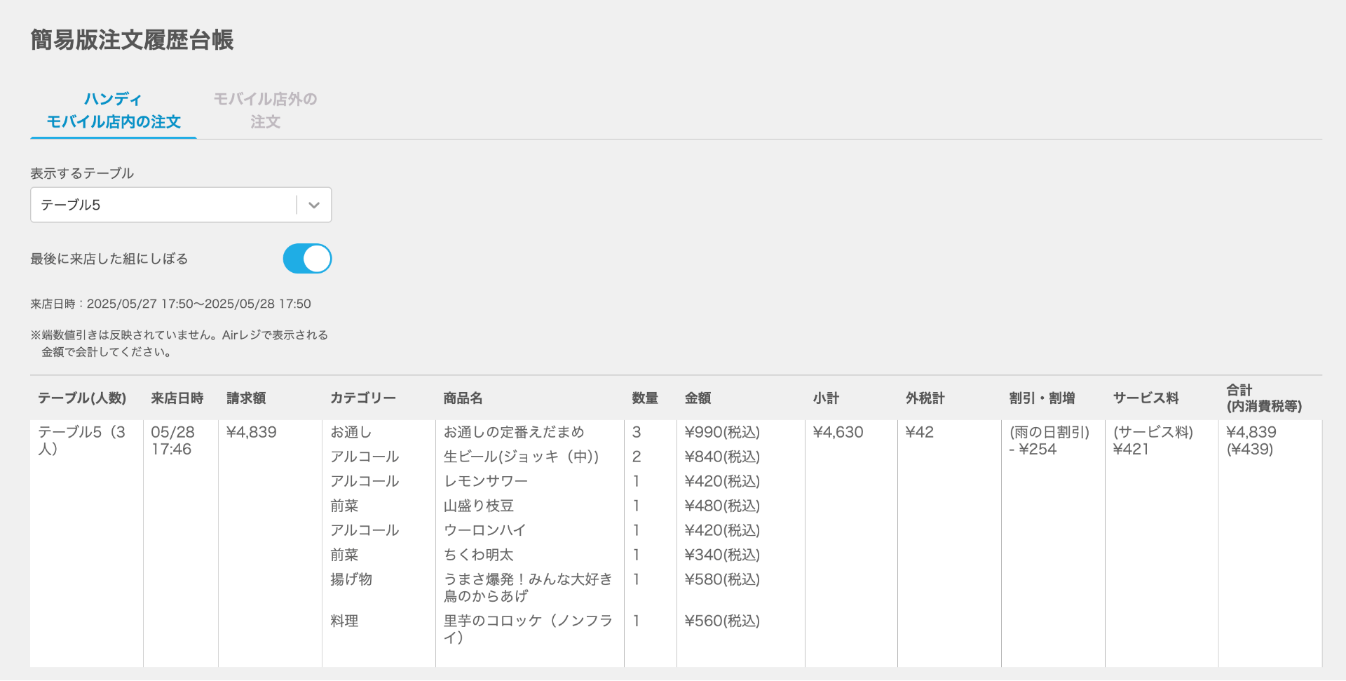 18 Airレジ オーダー 簡易版注文履歴台帳画面