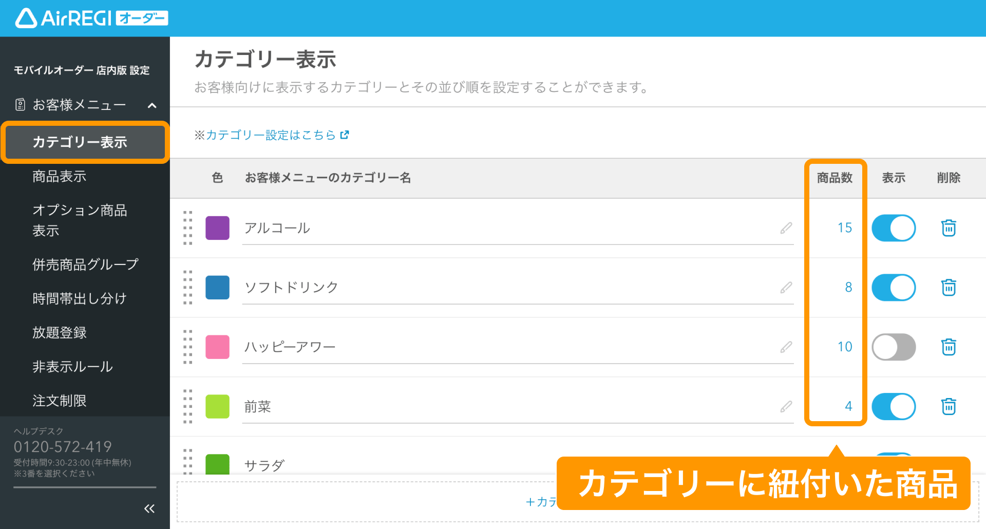 02 Airレジ オーダー 管理画面 カテゴリー表示画面 カテゴリーに紐付いた商品
