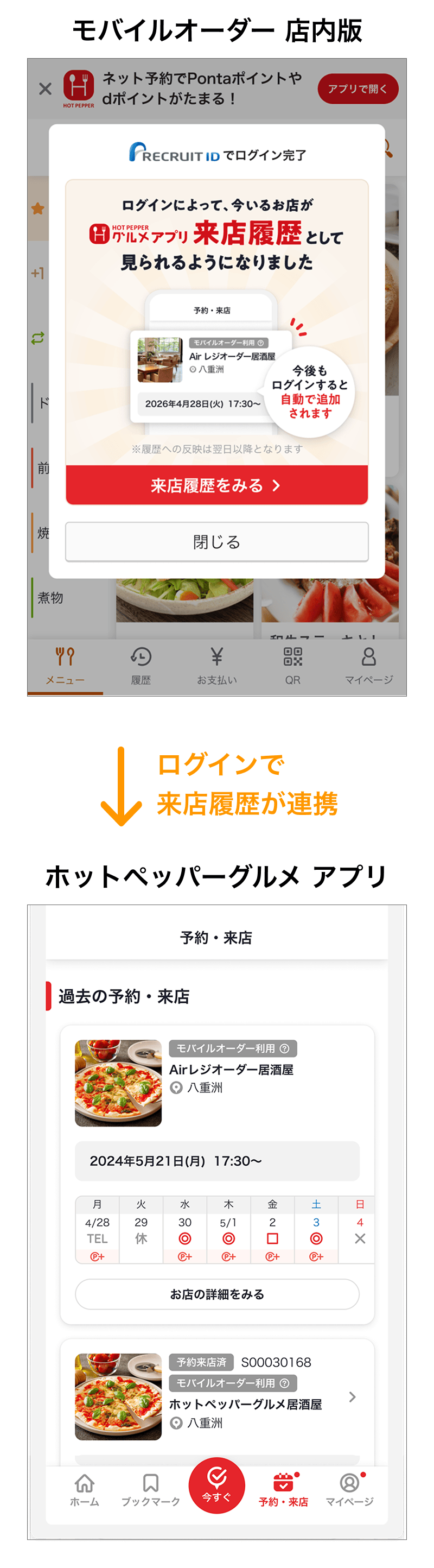 01_sp モバイルオーダー 店内版からホットペッパーグルメ アプリへの来店履歴の連携イメージ